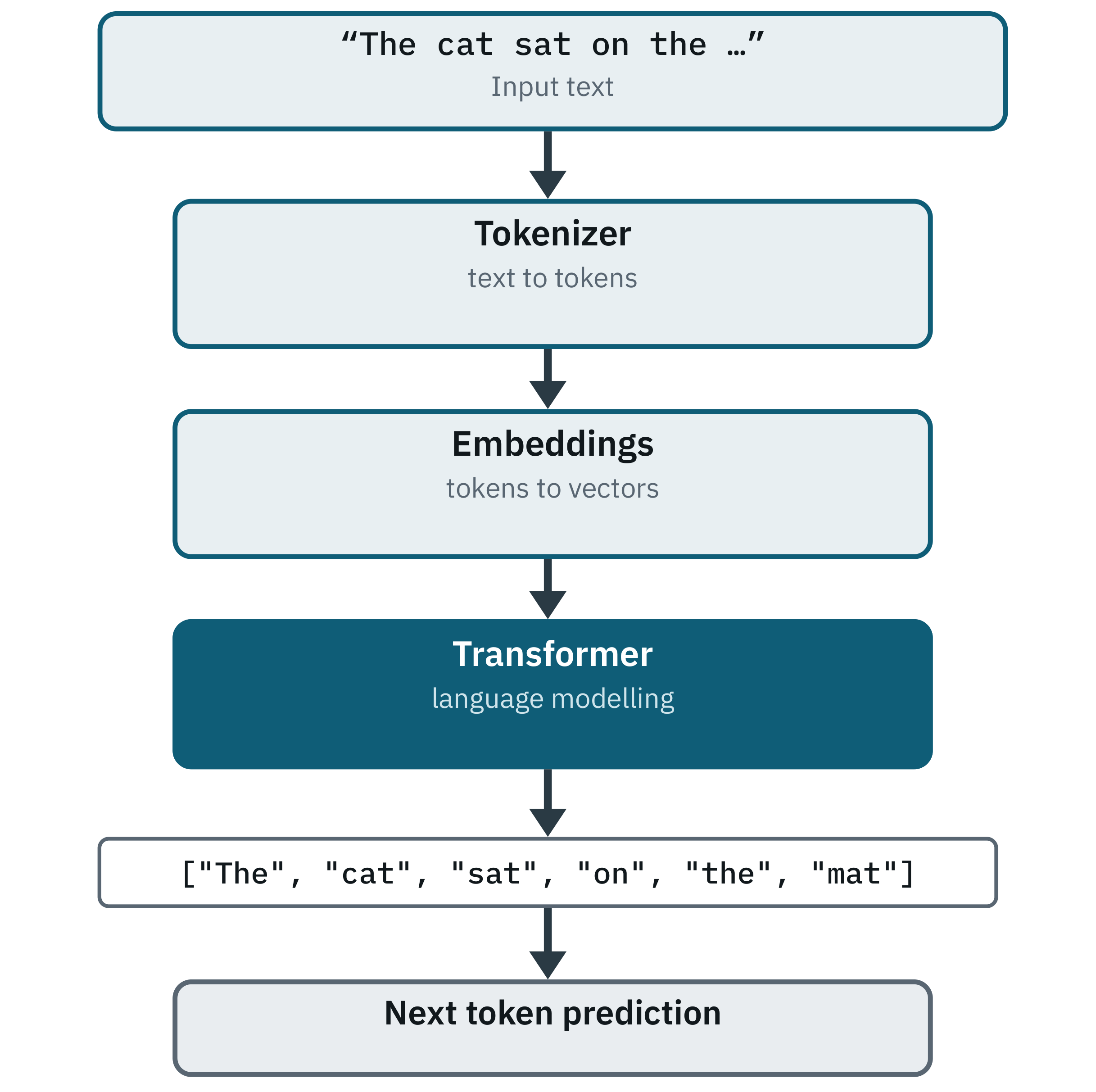 Diagram of the pipeline from input text through tokenising and embedding to a prediction